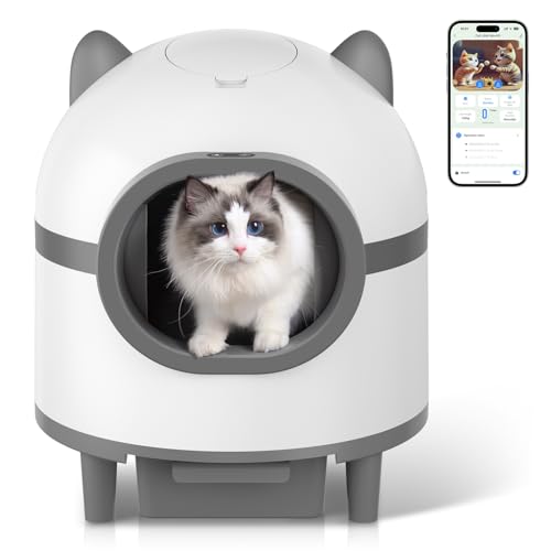 Amztoy Self Cleaning Cat Litter Box, Large Automatic Cat Litter Box for Multiple Cats with APP Control Odor Removal Safety Protection 2 Rolls Garbage Bags, White & Grey