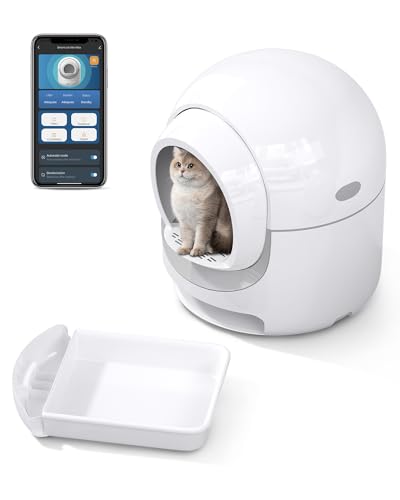 DISHUP Self-Cleaning Cat Litter Box, 85L Extra Large Automatic Cat Litter Box with APP Control, Safety Protection, Odor-Removal &Weight Monitoring, for Multiple Cats,White&Grey