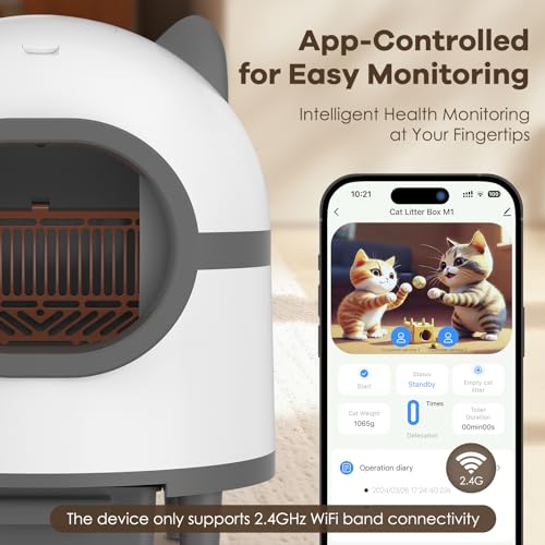 Amztoy Self Cleaning Cat Litter Box, Large Automatic Cat Litter Box for Multiple Cats with APP Control Odor Removal Safety Protection 2 Rolls Garbage Bags, White & Grey