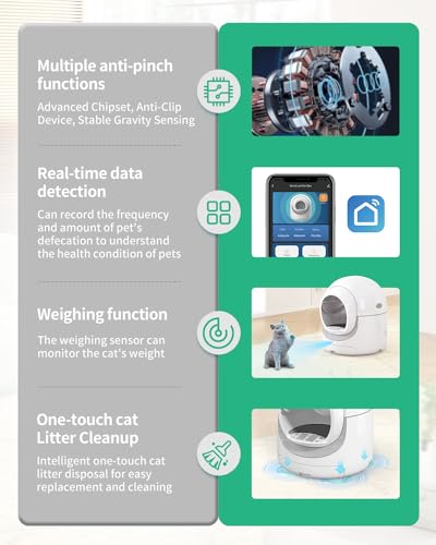 DISHUP Self-Cleaning Cat Litter Box, 85L Extra Large Automatic Cat Litter Box with APP Control, Safety Protection, Odor-Removal &Weight Monitoring, for Multiple Cats,White&Grey