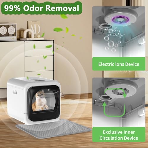 Smart Cat Litter Box, Odor Control Litter Box with Lid, Kitty Litter Box with Infrared Sensor, XL Litter Box with Display, 3-Speeds Electric Litter Box with Mat, Shovel, Litter Boxes for Multiple Cats