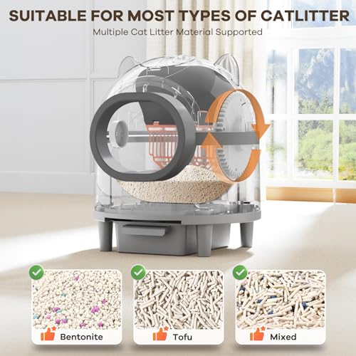 Amztoy Self Cleaning Cat Litter Box, Large Automatic Cat Litter Box for Multiple Cats with APP Control Odor Removal Safety Protection 2 Rolls Garbage Bags, White & Grey