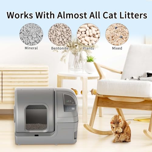 Dakeres Automatic Cat Litter Box Self Cleaning 100L Extra Large Cat Litter Box with APP Control(2.4G/5G Wi-Fi) & Safe Alert & Smart Health Monitor, Odor Removal Litter Box for Multiple Cats, Grey
