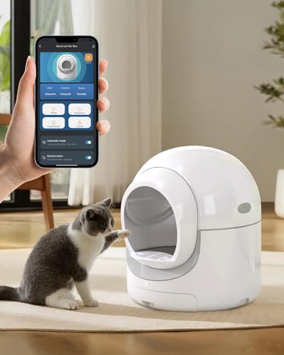 DISHUP Self-Cleaning Cat Litter Box, 85L Extra Large Automatic Cat Litter Box with APP Control, Safety Protection, Odor-Removal &Weight Monitoring, for Multiple Cats,White&Grey