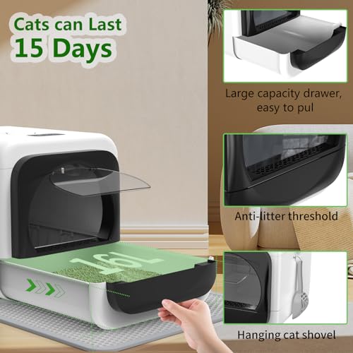 Smart Cat Litter Box, Odor Control Litter Box with Lid, Kitty Litter Box with Infrared Sensor, XL Litter Box with Display, 3-Speeds Electric Litter Box with Mat, Shovel, Litter Boxes for Multiple Cats