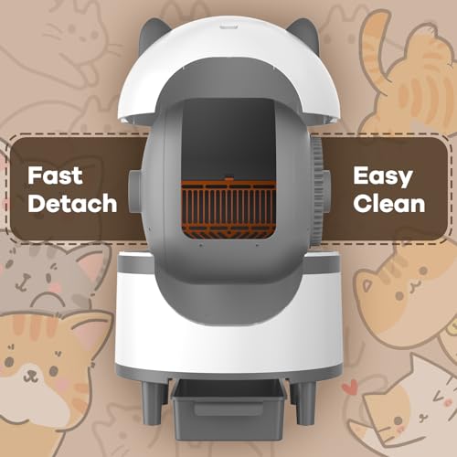 Amztoy Self Cleaning Cat Litter Box, Large Automatic Cat Litter Box for Multiple Cats with APP Control Odor Removal Safety Protection 2 Rolls Garbage Bags, White & Grey