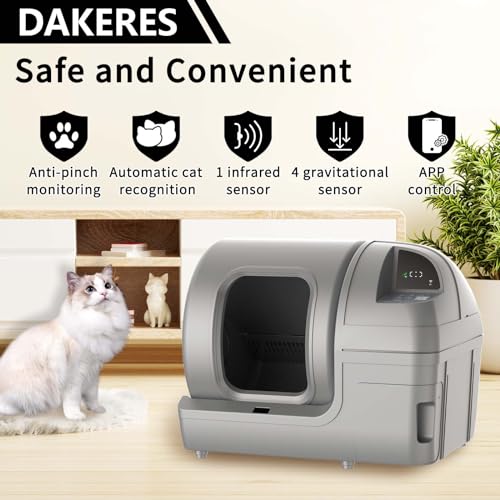 Dakeres Automatic Cat Litter Box Self Cleaning 100L Extra Large Cat Litter Box with APP Control(2.4G/5G Wi-Fi) & Safe Alert & Smart Health Monitor, Odor Removal Litter Box for Multiple Cats, Grey