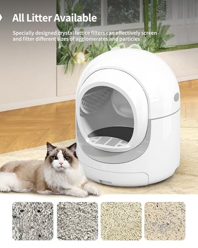 DISHUP Self-Cleaning Cat Litter Box, 85L Extra Large Automatic Cat Litter Box with APP Control, Safety Protection, Odor-Removal &Weight Monitoring, for Multiple Cats,White&Grey