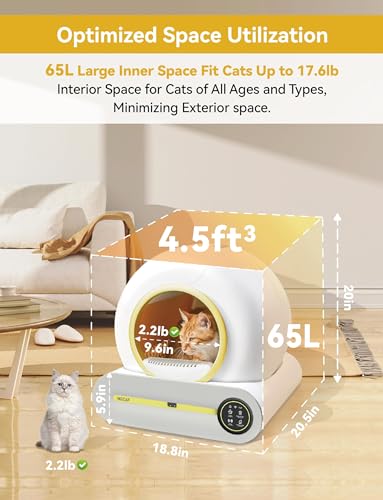 Self Cleaning Cat Litter Box Robot 4th, 65L+9L Large Automatic Cat Litter Box with Odor-Removal Design&Weight Monitoring Function, APP Remote Smart Control, for Multiple Cats【2024 Optimized Version】