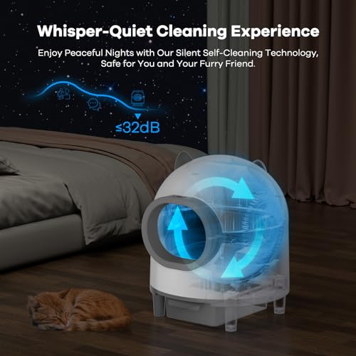 Amztoy Self Cleaning Cat Litter Box, Large Automatic Cat Litter Box for Multiple Cats with APP Control Odor Removal Safety Protection 2 Rolls Garbage Bags, White & Grey