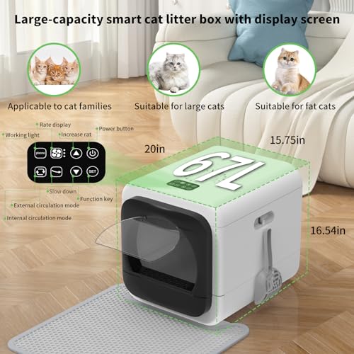 Smart Cat Litter Box, Odor Control Litter Box with Lid, Kitty Litter Box with Infrared Sensor, XL Litter Box with Display, 3-Speeds Electric Litter Box with Mat, Shovel, Litter Boxes for Multiple Cats