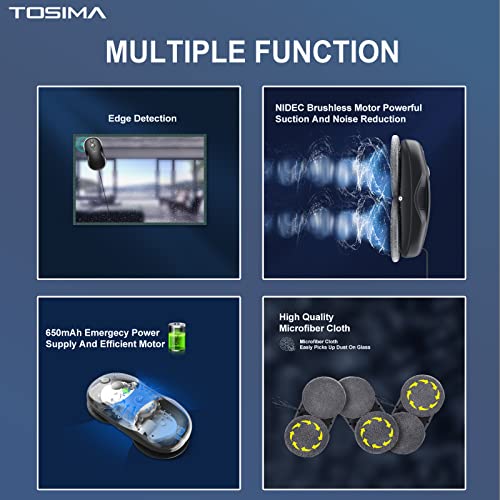 Tosima W3 Window Cleaning Robot - Dual Direction Auto-Spray Smart Window Cleaner with Triple Safety System, Smart Navigation, Remote Control, for All Smooth Surfaces, with 12 Rags, Black