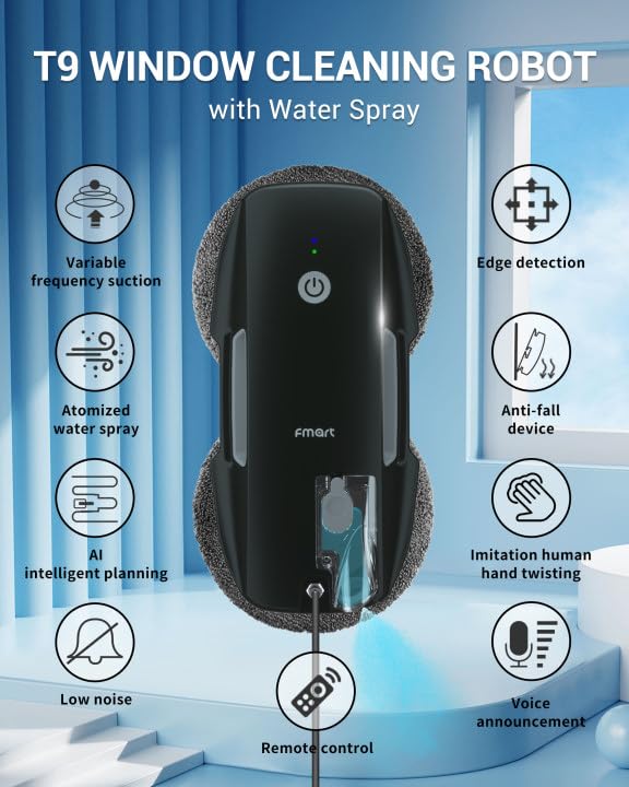FMART T9 Pro Window Cleaning Robot - 3800PA, Ultrasonic Water Spray, AI Path Planning, AI Edge Detection Window Cleaner Robot with Remote Control & 10 Cloths - Deep Clean Windows, Tiles, Glass Doors