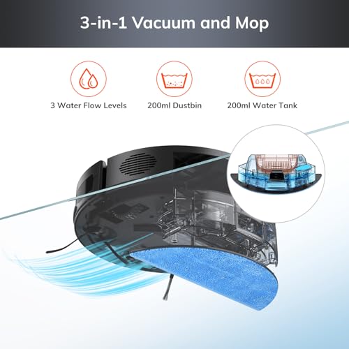 ILIFE V9 Robot Vacuum and Mop Combo, 3000Pa Strong Suction Robot Vacuum Cleaner with Gyro Navigation, App/Alexa Control, for Pet Hair, Hard Floor, Low Carpet, 2.4GHz WiFi Only, Black