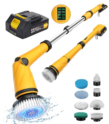 Qimedo 1200 RPM Battery Electric Spin Scrubber, Highly Powerful Cordless Cleaning Brush with Smart Display, Electric Tile Floor Scrubber with 8 Brushes, Battery Powered Shower Scrubber