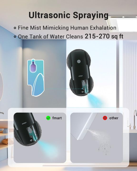 FMART T9 Pro Window Cleaning Robot - 3800PA, Ultrasonic Water Spray, AI Path Planning, AI Edge Detection Window Cleaner Robot with Remote Control & 10 Cloths - Deep Clean Windows, Tiles, Glass Doors