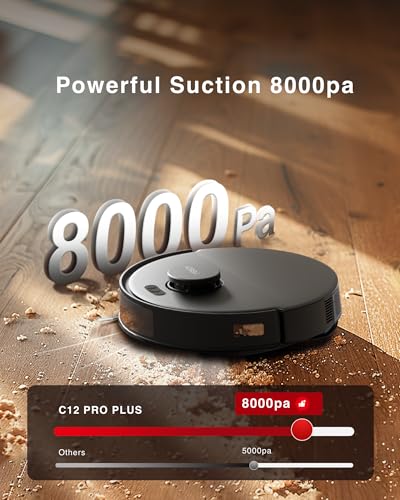 Yeedi C12 PRO PLUS Robot Vacuum and Mop, 8000Pa Strong Suction, 7-week Dust Storage, Bagless Dust Container, PureCyclone Tech, ZeroTangle Brush, Black