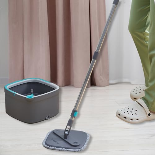 Square Spin Mop and Bucket Smart Floor Mop with Separate Compartments for Clean and Dirty Water, Self Cleaning with 2 Machine Washable Mop Pads, Always Clean Floors with Clean Water