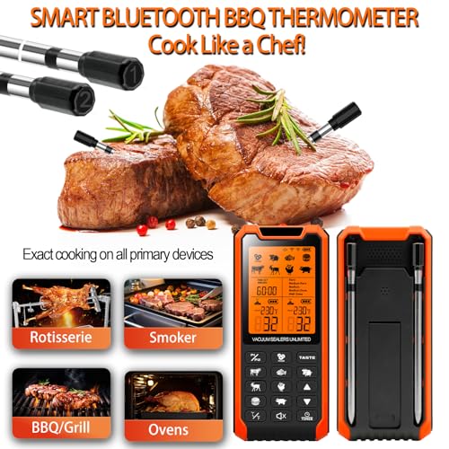 VACUUM SEALERS UNLIMITED Smart Bluetooth Meat Thermometer - Long Range Wireless Food Thermometer, Temp Monitor with Dual Probes for BBQ, Oven, Grill & Smoker-Effortless Steak, Pork, and Turkey Cooking