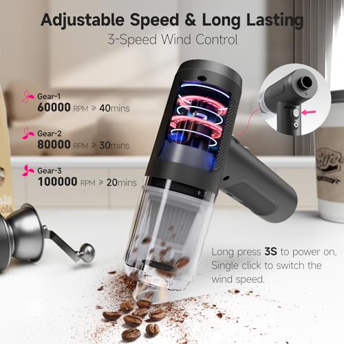 Handheld Car Vacuum Cordless, 12000Pa Strong Suction 3-in-1 Compressed Air Duster & Car Vacuum Cleaner & Hand Pump, 3 Gear Adjustable Handheld Vacuum with LED Light for Car, PC, Keyboard and Carpet
