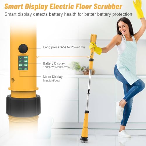Qimedo 1200 RPM Battery Electric Spin Scrubber, Highly Powerful Cordless Cleaning Brush with Smart Display, Electric Tile Floor Scrubber with 8 Brushes, Battery Powered Shower Scrubber
