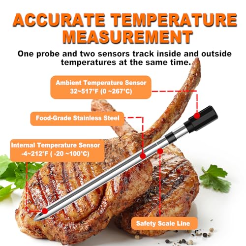 VACUUM SEALERS UNLIMITED Smart Bluetooth Meat Thermometer - Long Range Wireless Food Thermometer, Temp Monitor with Dual Probes for BBQ, Oven, Grill & Smoker-Effortless Steak, Pork, and Turkey Cooking