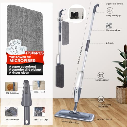 Mops for Floor Cleaning Wet Spray Mop with 6 Washable Microfiber Pads 1 Scraper 1 Mop Holder,Wood Floor Mop for Home or Commercial Dry Wet Use Flat Mop for Wall,Hardwood,Vinyl,Laminate,Ceramic,Tile