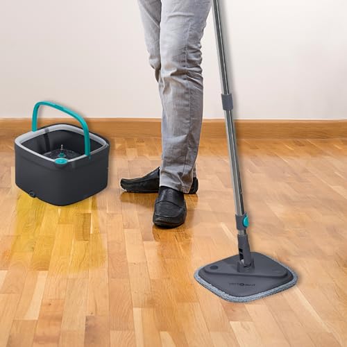 Square Spin Mop and Bucket Smart Floor Mop with Separate Compartments for Clean and Dirty Water, Self Cleaning with 2 Machine Washable Mop Pads, Always Clean Floors with Clean Water