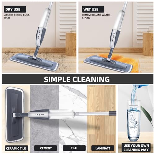 Mops for Floor Cleaning Wet Spray Mop with 6 Washable Microfiber Pads 1 Scraper 1 Mop Holder,Wood Floor Mop for Home or Commercial Dry Wet Use Flat Mop for Wall,Hardwood,Vinyl,Laminate,Ceramic,Tile