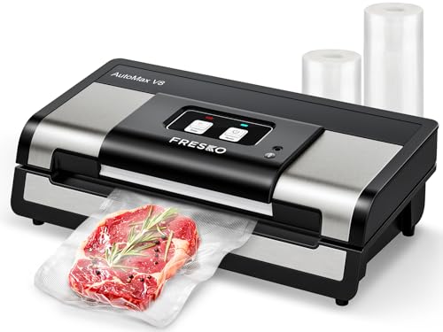 FRESKO Fully Automatic Vacuum Sealer Machine, 140 Watts, Hands-Free Food Sealer with Smart Bag, Dry/Moist Food Detection, 2 Rolls Bag, Built-in Cutter and Bag Storage (AutoMax V8)