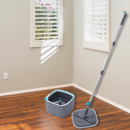 Square Spin Mop and Bucket Smart Floor Mop with Separate Compartments for Clean and Dirty Water, Self Cleaning with 2 Machine Washable Mop Pads, Always Clean Floors with Clean Water