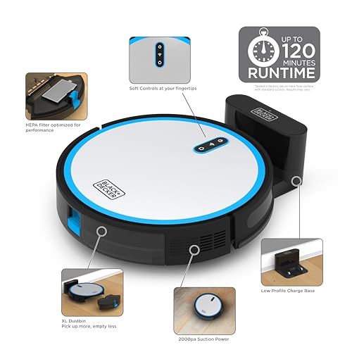 BLACK+DECKER Roboseries Robot Vacuum - 2000Pa Suction, Smart Mapping, App & Remote Control, 120 Min Runtime, Self-Charging, Works with Alexa, Perfect for Hard Floors, Carpets, Pet Hair, Low Carpet