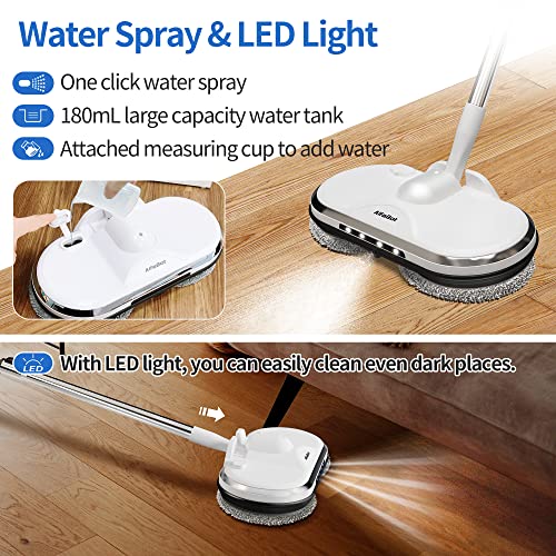 Cordless Electric Mop for Floor Cleaning, AlfaBot WS-24 Electric Spin Mop, Electric Mop with Water Sprayer and LED Headlight, Lightweight & Rechargeable Floor Scrubber for Hardwood Tile Floors