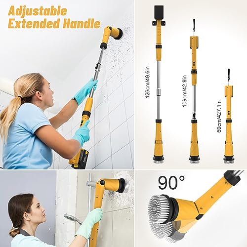 Qimedo 1200 RPM Battery Electric Spin Scrubber, Highly Powerful Cordless Cleaning Brush with Smart Display, Electric Tile Floor Scrubber with 8 Brushes, Battery Powered Shower Scrubber