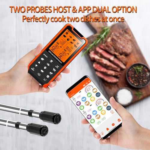 VACUUM SEALERS UNLIMITED Smart Bluetooth Meat Thermometer - Long Range Wireless Food Thermometer, Temp Monitor with Dual Probes for BBQ, Oven, Grill & Smoker-Effortless Steak, Pork, and Turkey Cooking