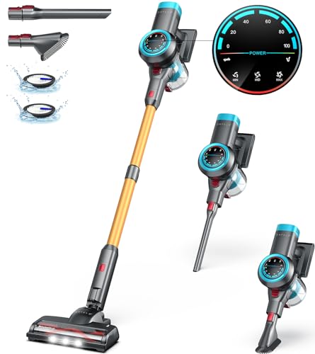 CHEBIO Cordless Vacuum Cleaner, 500W/40Kpa/60Mins Stick Vacuum with Self-Standing, Vacuum Cleaner with Smart Display, Anti-Tangle Vacuum Cleaners for Home/Carpet/Hardwood Floor/Pet Hair