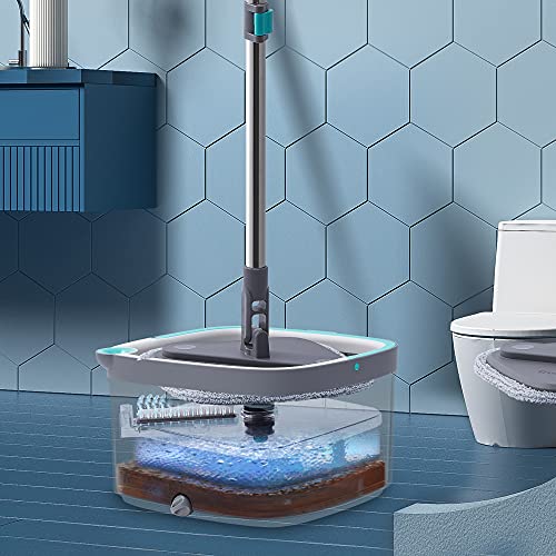 Square Spin Mop and Bucket Smart Floor Mop with Separate Compartments for Clean and Dirty Water, Self Cleaning with 2 Machine Washable Mop Pads, Always Clean Floors with Clean Water