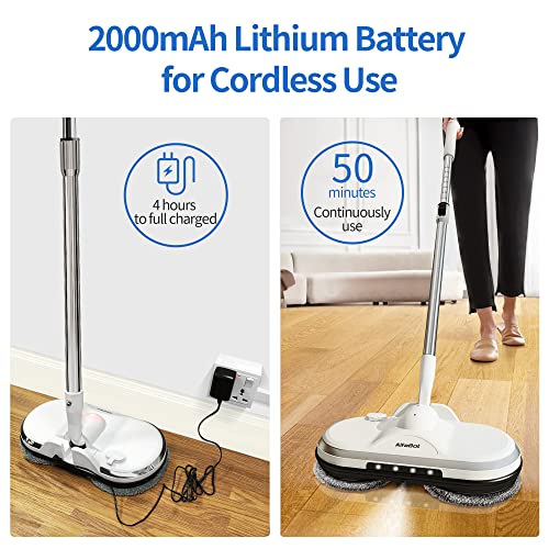 Cordless Electric Mop for Floor Cleaning, AlfaBot WS-24 Electric Spin Mop, Electric Mop with Water Sprayer and LED Headlight, Lightweight & Rechargeable Floor Scrubber for Hardwood Tile Floors