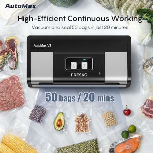 FRESKO Fully Automatic Vacuum Sealer Machine, 140 Watts, Hands-Free Food Sealer with Smart Bag, Dry/Moist Food Detection, 2 Rolls Bag, Built-in Cutter and Bag Storage (AutoMax V8)