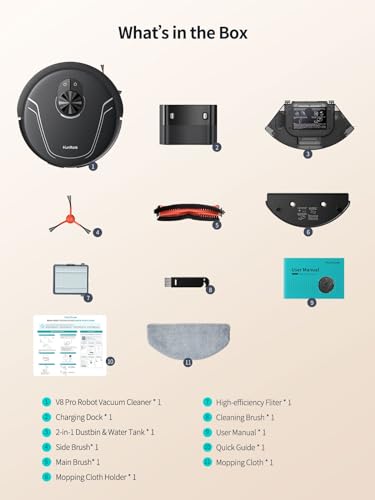 HONITURE Robot Vacuum and Mop Combo,V8 Pro Robot Vacuum Cleaner with 5000Pa Max Suction,Laser Navigator Robotic Vacuums with 180 Mins Run Time,Self-Charging,App Control,Ideal for Pet Hair
