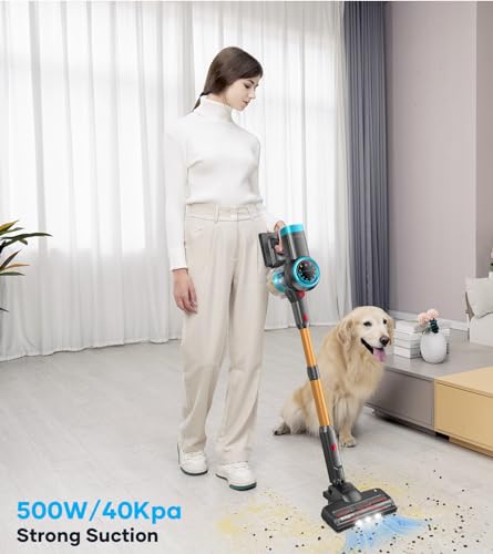 CHEBIO Cordless Vacuum Cleaner, 500W/40Kpa/60Mins Stick Vacuum with Self-Standing, Vacuum Cleaner with Smart Display, Anti-Tangle Vacuum Cleaners for Home/Carpet/Hardwood Floor/Pet Hair