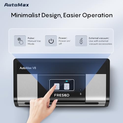 FRESKO Fully Automatic Vacuum Sealer Machine, 140 Watts, Hands-Free Food Sealer with Smart Bag, Dry/Moist Food Detection, 2 Rolls Bag, Built-in Cutter and Bag Storage (AutoMax V8)