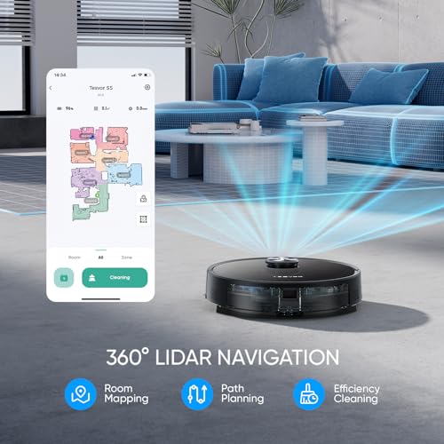 Tesvor S5 Robot Vacuum and Mop,3000Pa Suction,180Mins Max LiDAR Navigation,Robotic Vacuum Cleaner,WiFi/App/Alexa Self-Charging,Ideal for Pet Hair, Carpet, Hard Floor (S5)
