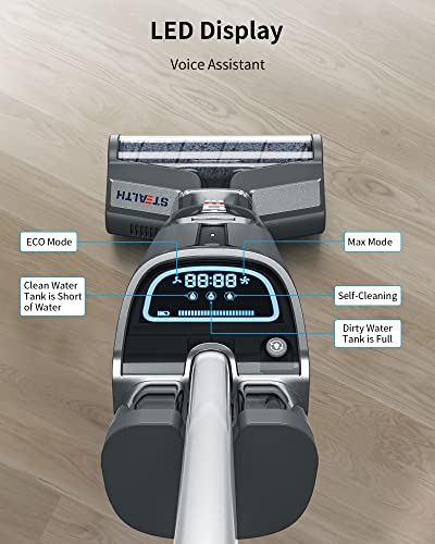 Stealth ECVP01 Cordless Wet Dry Vacuum Cleaner, Smart Vacuum Mop with Self-Cleaning Detachable Battery for Hard Floor Area Rugs Carpet, LCD Display, 30min Runtime, Voice Prompt