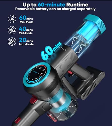CHEBIO Cordless Vacuum Cleaner, 500W/40Kpa/60Mins Stick Vacuum with Self-Standing, Vacuum Cleaner with Smart Display, Anti-Tangle Vacuum Cleaners for Home/Carpet/Hardwood Floor/Pet Hair