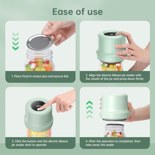 Electric Mason Jar Vacuum Sealer, Upgraded Smart Integrated Design Vacuum Sealer Kit, Auto Stop 1800mAh Rechargeable Vacuum Sealer with Regular and Wide Mouth Mason Jar Lids for Food Storage