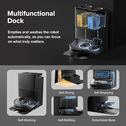 roborock Qrevo S Robot Vacuum and Mop, Self-Drying, Auto Mop Washing, 7000Pa Suction, Self-Emptying & Refilling, 10mm Mop Lifting, 200RPM Spinning Mops, Smart Obstacle Avoidance, Black