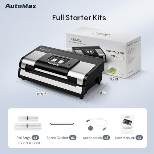 FRESKO Fully Automatic Vacuum Sealer Machine, 140 Watts, Hands-Free Food Sealer with Smart Bag, Dry/Moist Food Detection, 2 Rolls Bag, Built-in Cutter and Bag Storage (AutoMax V8)