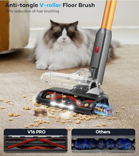 CHEBIO Cordless Vacuum Cleaner, 500W/40Kpa/60Mins Stick Vacuum with Self-Standing, Vacuum Cleaner with Smart Display, Anti-Tangle Vacuum Cleaners for Home/Carpet/Hardwood Floor/Pet Hair