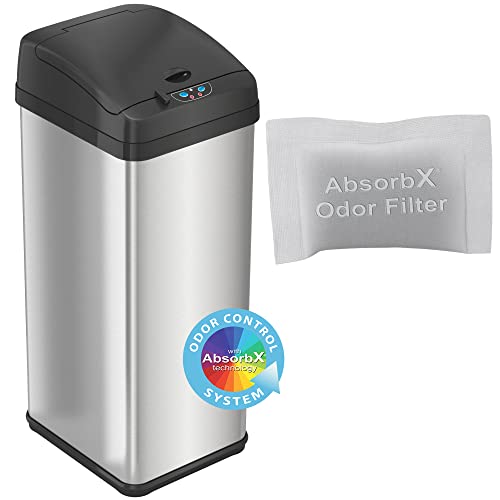 iTouchless 13 Gallon Sensor Kitchen Trash Can with Lid and Odor Filter, Stainless Steel Trashcan Extra-Wide Lid Opening Slim Garbage Bin for Home Office Work Bedroom Living Room Garage Large Capacity
